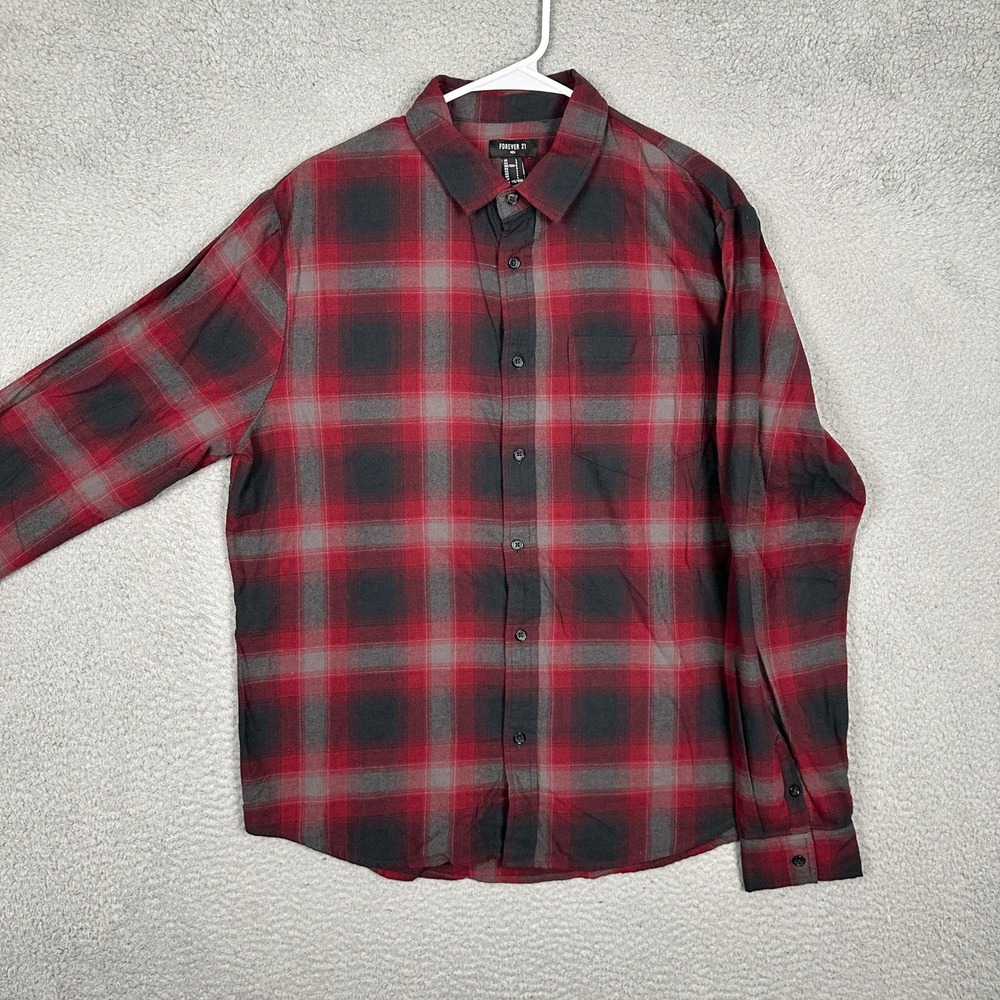 Forever 21 Shirt Mens Large Red Black Plaid Button-Down Casual Long Sleeve EUC